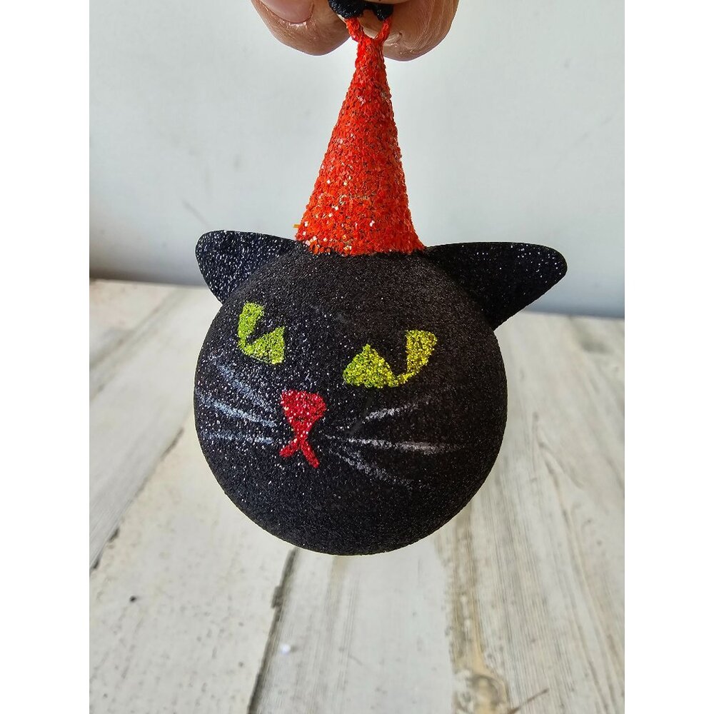 Pier 1‎ glitter cat hat ornament Halloween decor kitten black sparkle